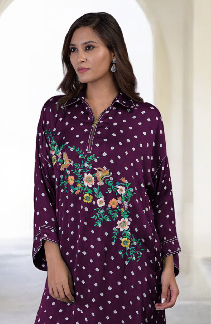 Plum Handcrafted Bandhej Embroidered Co-Ord Set