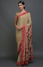 Beige Parsi Gara Hand Embroidered Saree
