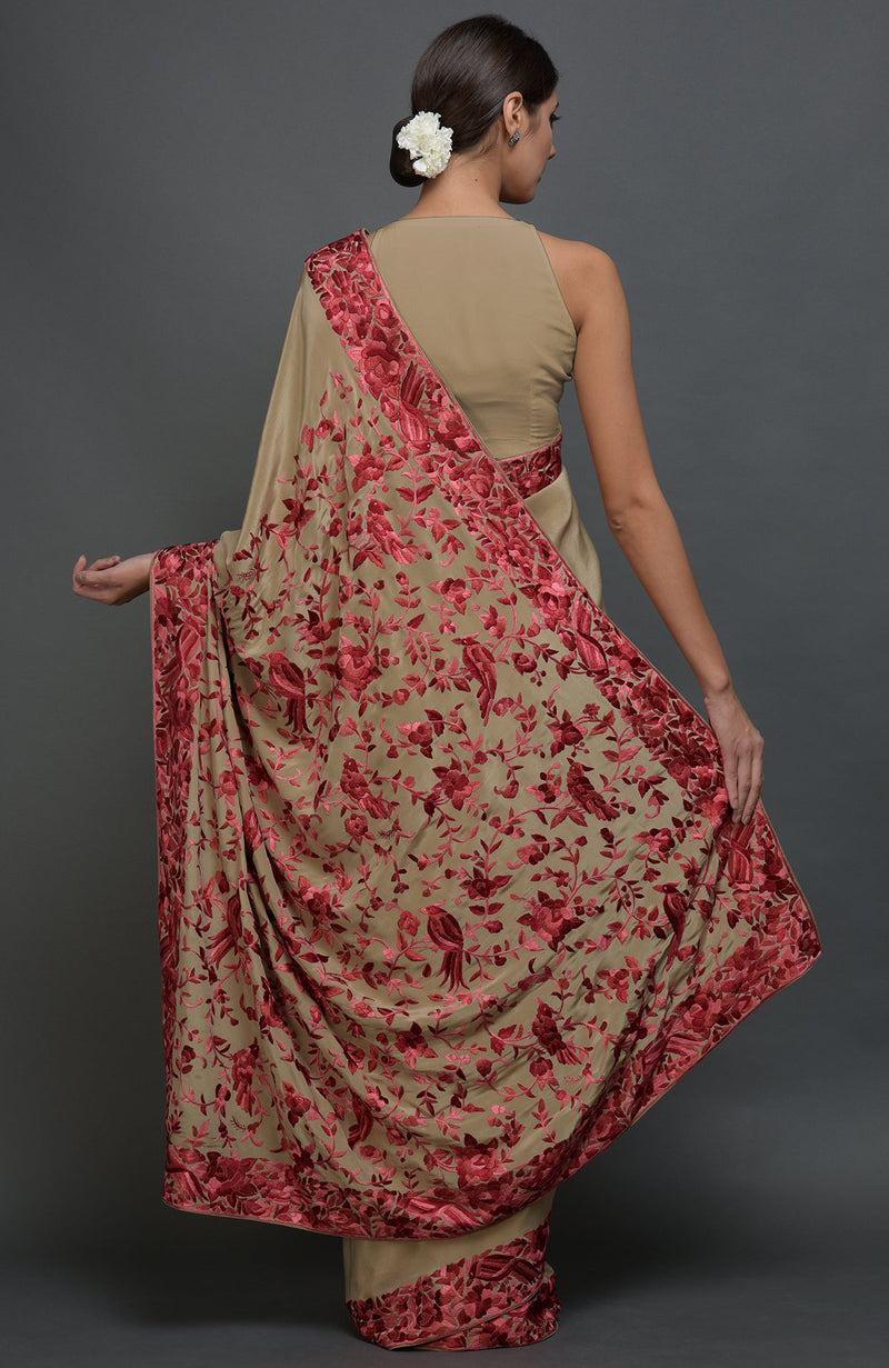 Beige Parsi Gara Hand Embroidered Saree