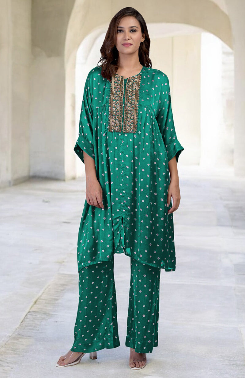 Emerald Green Handcrafted Bandhej Embroidered Co-Ord Set