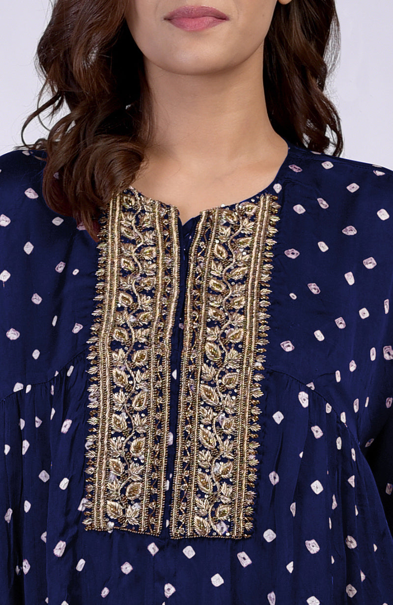 Navy Blue Handcrafted Bandhej Embroidered Co-Ord Set