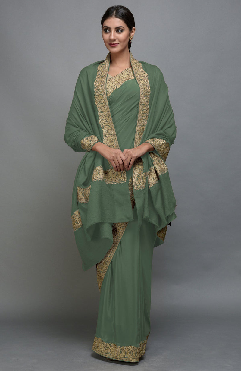 China Rose Kashmiri Tilla Aari Embroidered Saree & Pashmina Shawl Set