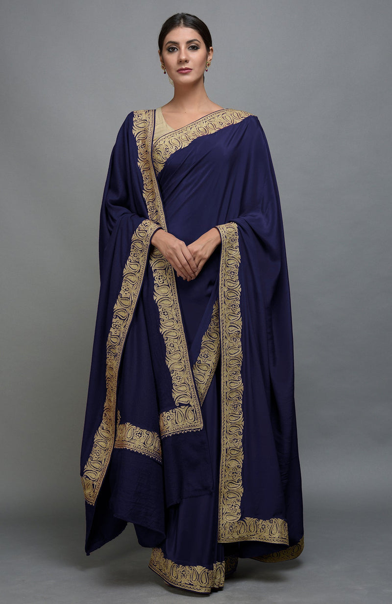 China Rose Kashmiri Tilla Aari Embroidered Saree & Pashmina Shawl Set
