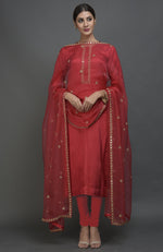 Royal Red Mirror & Zardozi Work Suit with Dupatta