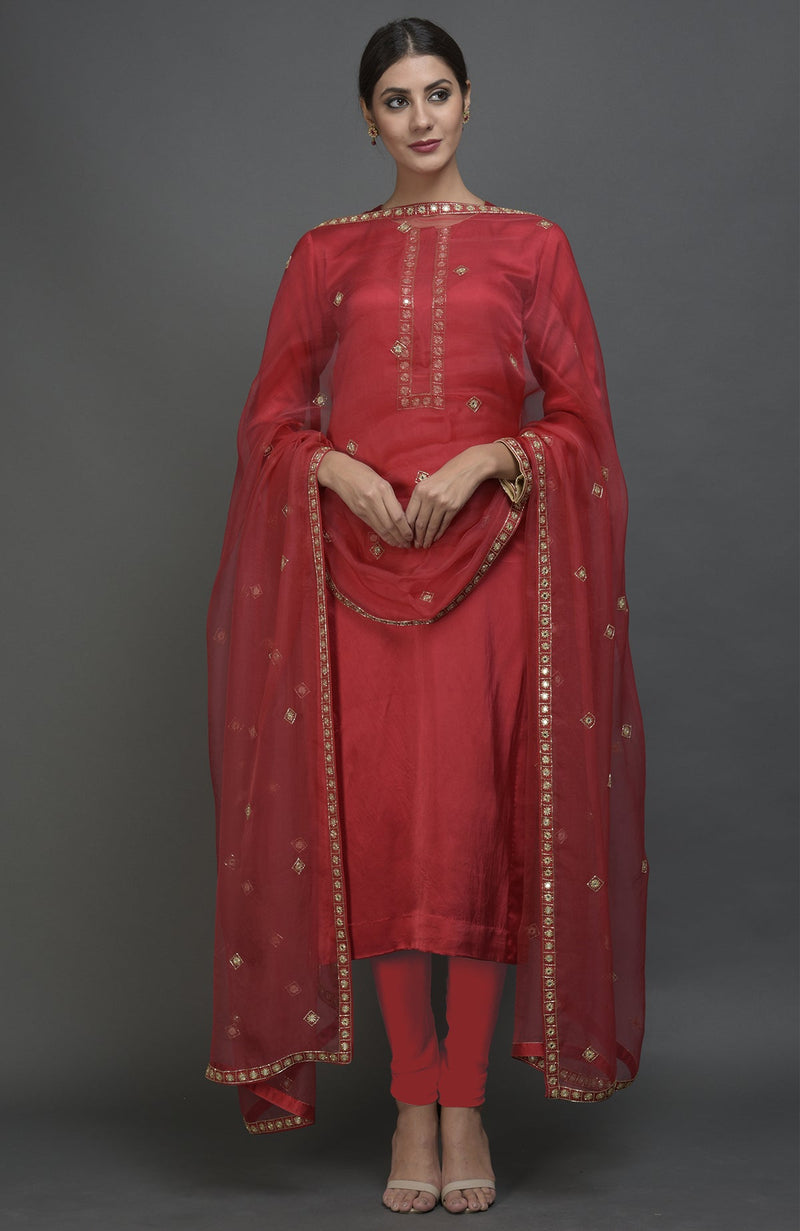 Royal Red Mirror & Zardozi Work Suit with Dupatta