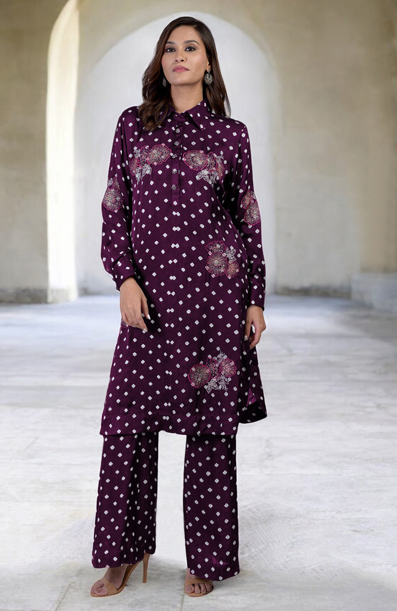 Navy Blue Handcrafted Bandhej Embroidered Co-Ord Set