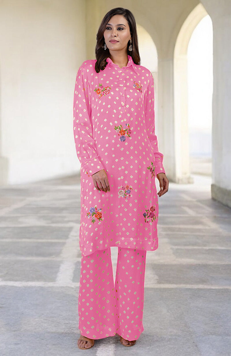Charm Pink Handcrafted Bandhej Embroidered Co-Ord Set