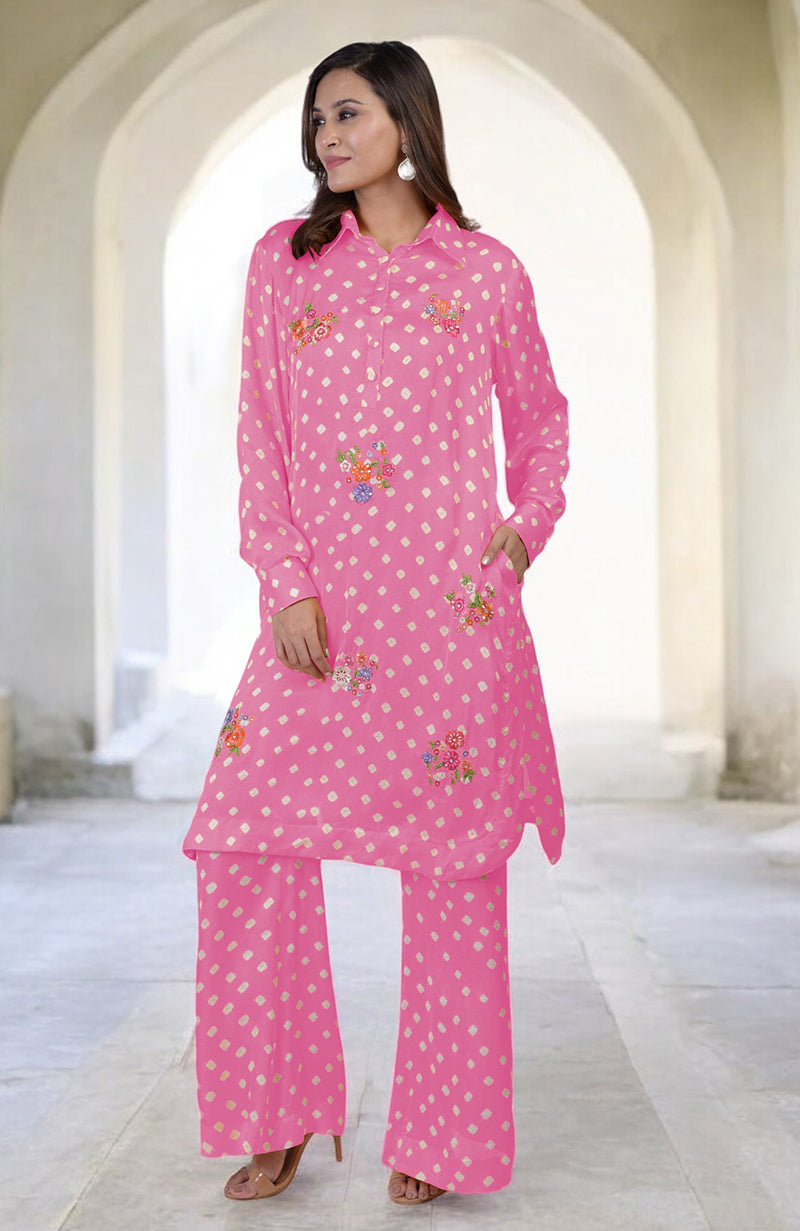 Charm Pink Handcrafted Bandhej Embroidered Co-Ord Set