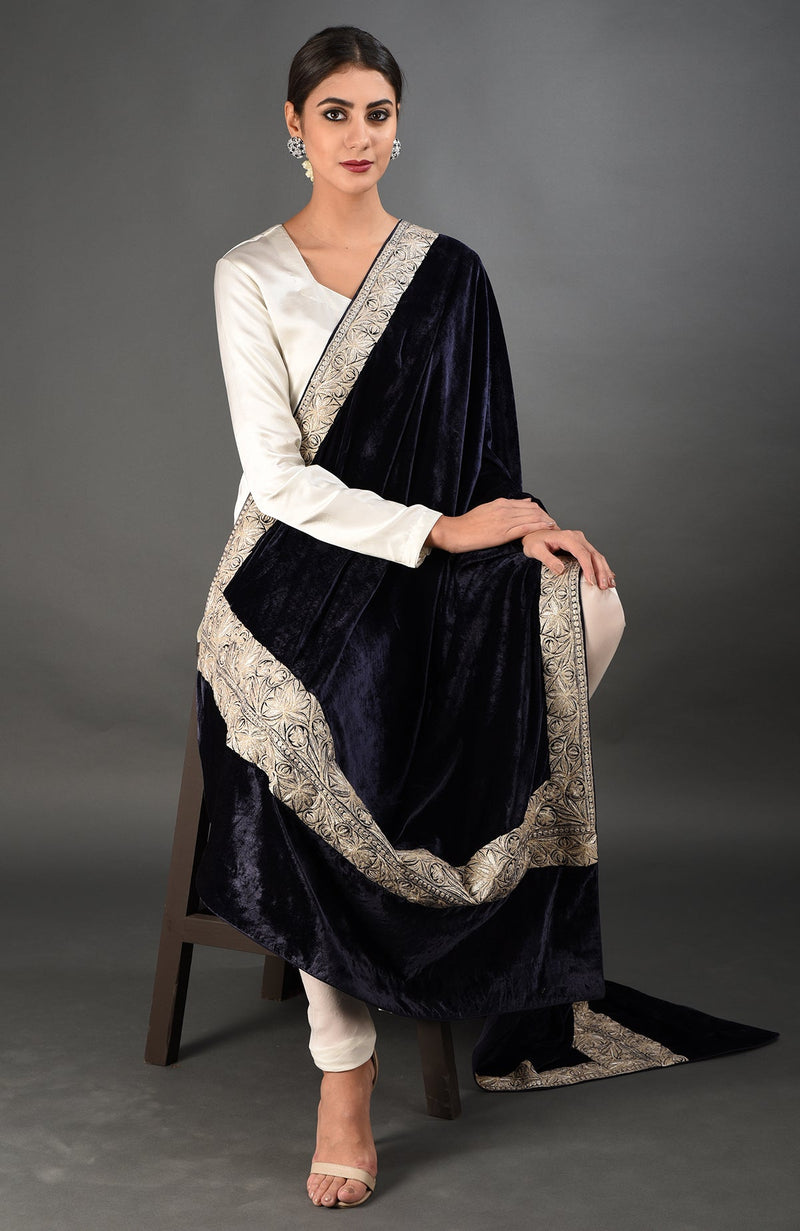 Midnight Blue Kashmiri Tilla Embroidered Dupatta with Suit