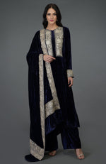 Midnight Blue Silk-Velvet Kashmiri Tilla Embroidered Suit