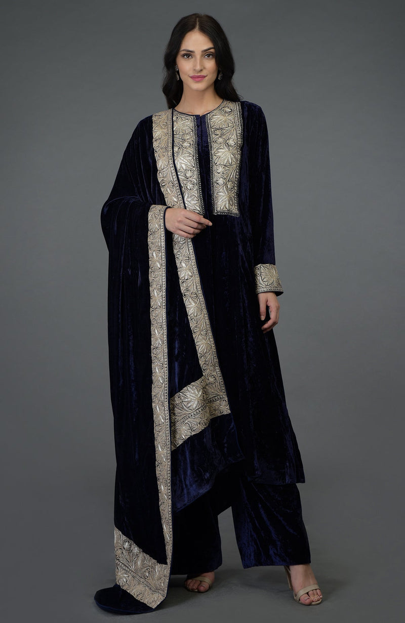 Midnight Blue Silk-Velvet Kashmiri Tilla Embroidered Suit