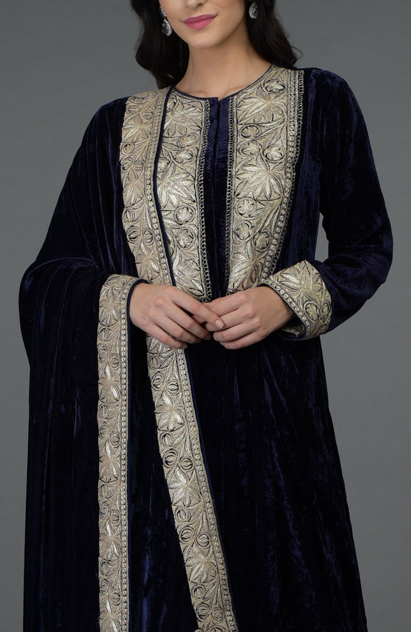 Midnight Blue Silk-Velvet Kashmiri Tilla Embroidered Suit