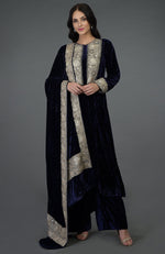 Midnight Blue Silk-Velvet Kashmiri Tilla Embroidered Suit