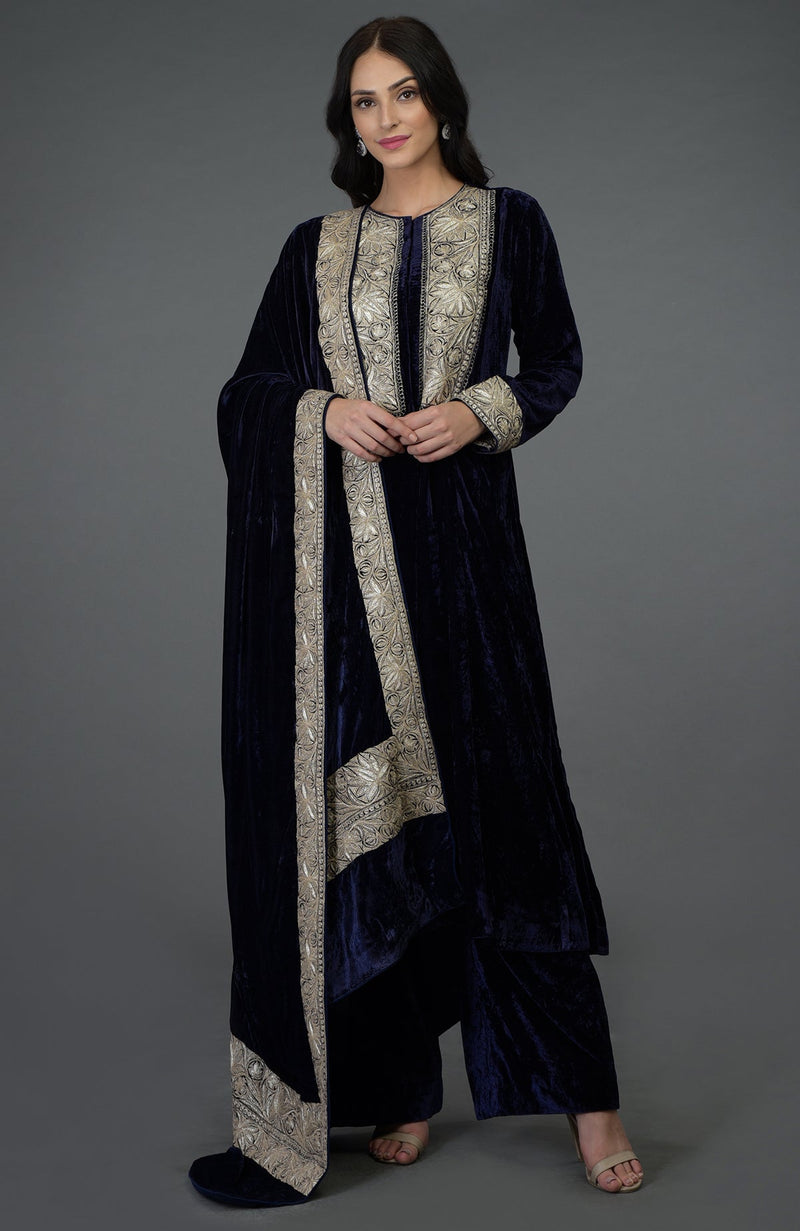 Midnight Blue Silk-Velvet Kashmiri Tilla Embroidered Suit