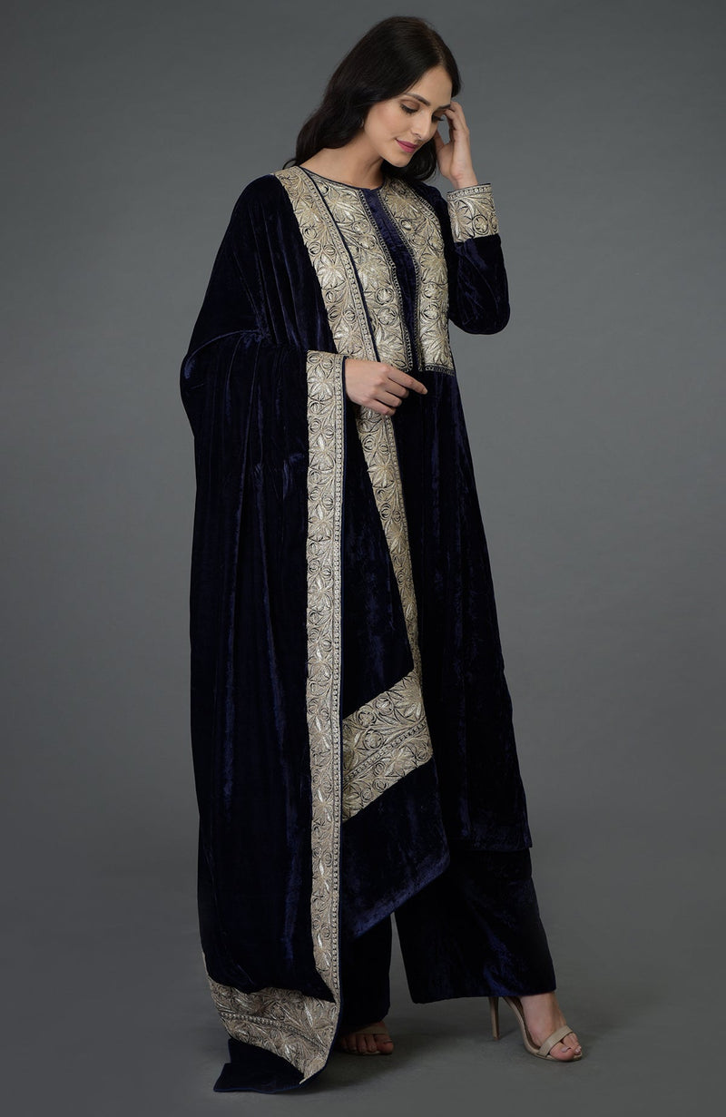 Midnight Blue Silk-Velvet Kashmiri Tilla Embroidered Suit