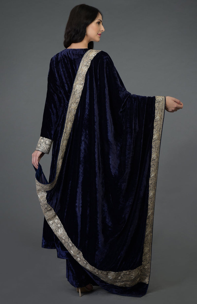 Midnight Blue Silk-Velvet Kashmiri Tilla Embroidered Suit