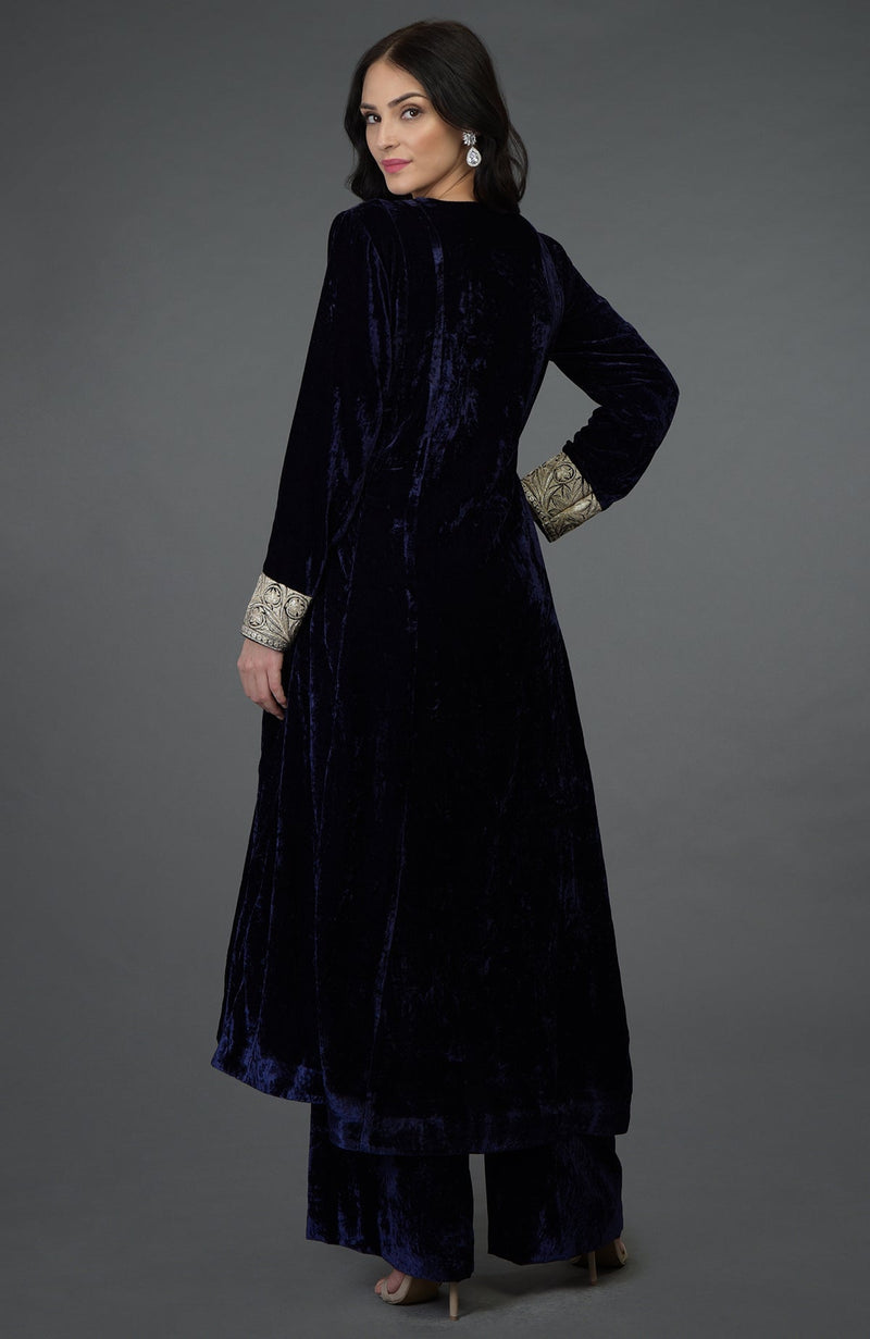 Midnight Blue Silk-Velvet Kashmiri Tilla Embroidered Suit