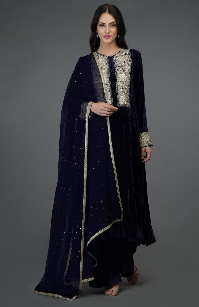 Midnight Blue Silk-Velvet Kashmiri Tilla Embroidered Suit