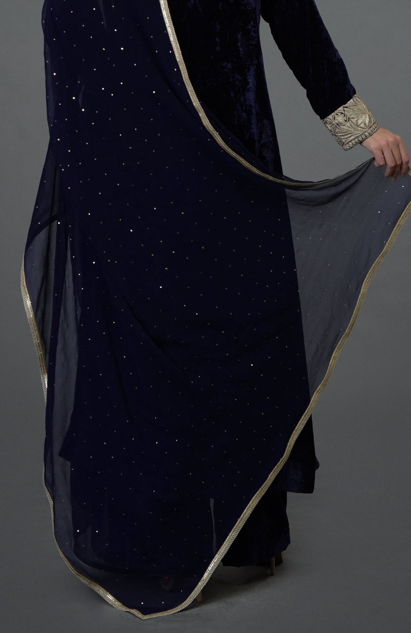 Midnight Blue Silk-Velvet Kashmiri Tilla Embroidered Suit
