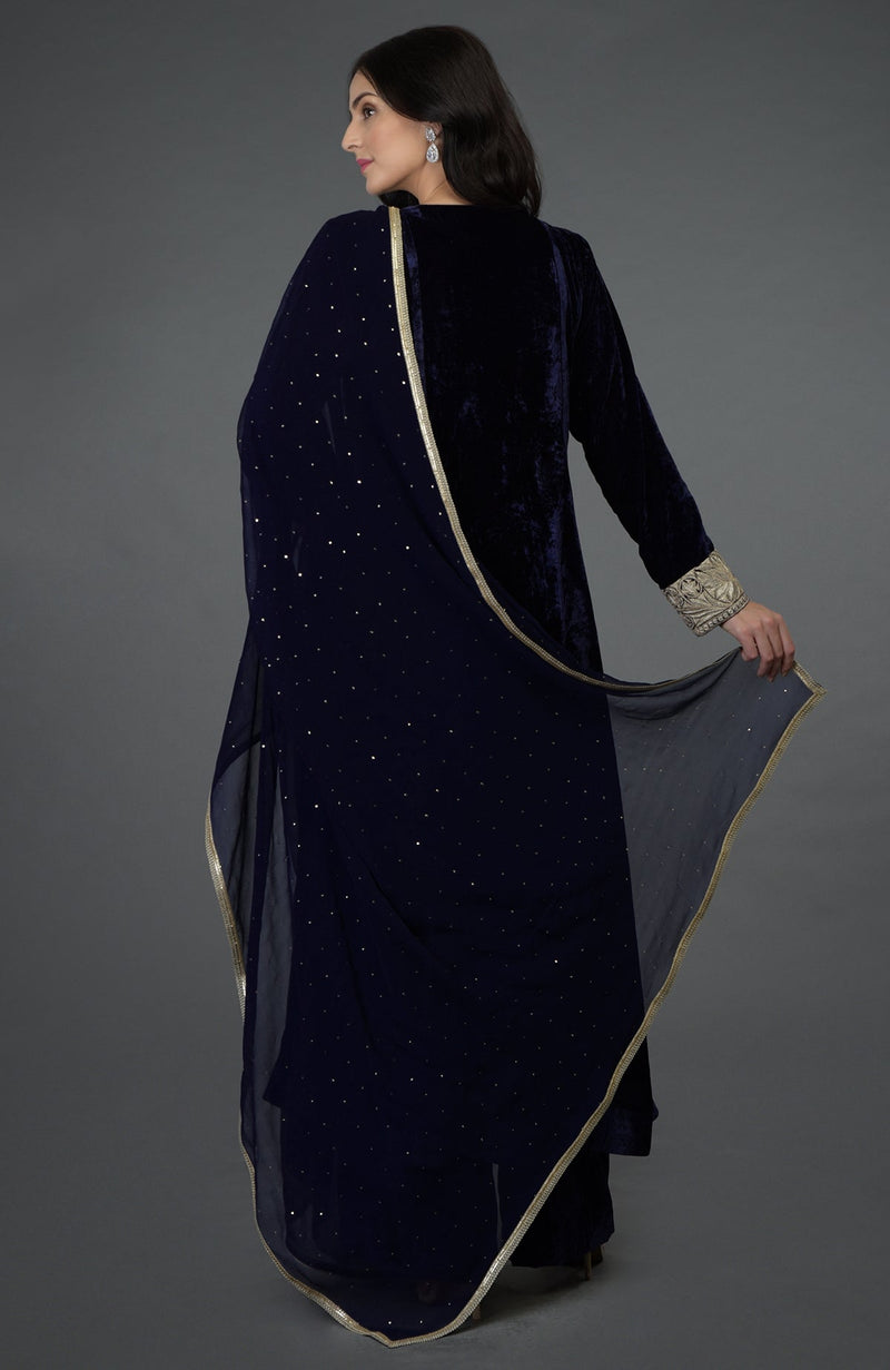 Midnight Blue Silk-Velvet Kashmiri Tilla Embroidered Suit
