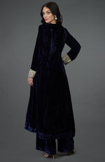 Midnight Blue Silk-Velvet Kashmiri Tilla Embroidered Suit