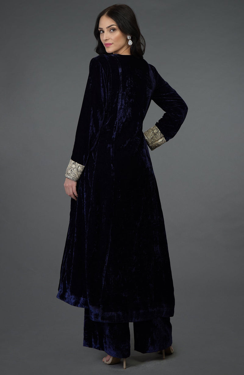 Midnight Blue Silk-Velvet Kashmiri Tilla Embroidered Suit