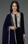 Midnight Blue Silk-Velvet Kashmiri Tilla Embroidered Suit