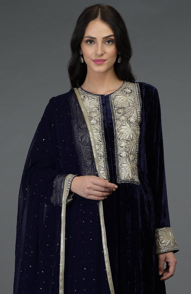 Midnight Blue Silk-Velvet Kashmiri Tilla Embroidered Suit