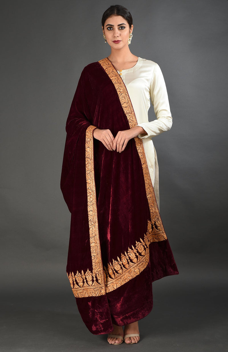 Maroon Kashmiri Tilla Embroidered Dupatta Shawl