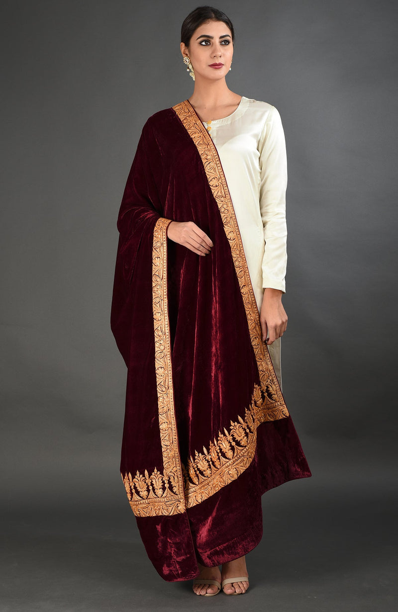 Maroon Kashmiri Tilla Embroidered Dupatta Shawl