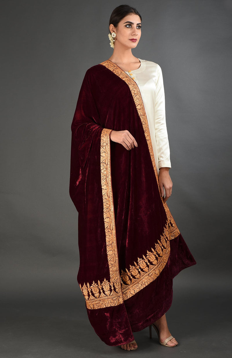 Maroon Kashmiri Tilla Embroidered Dupatta Shawl