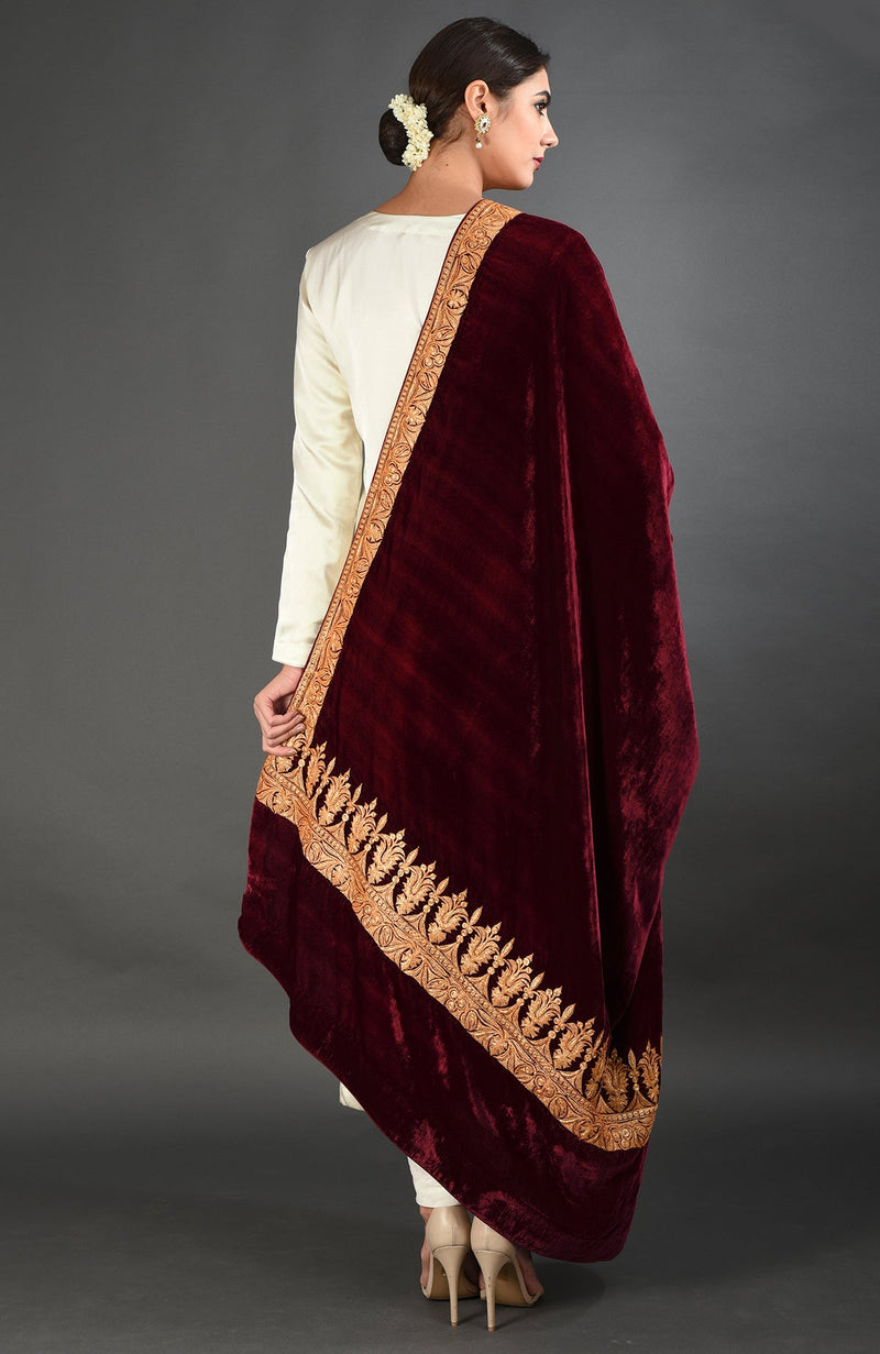 Maroon Kashmiri Tilla Embroidered Dupatta Shawl