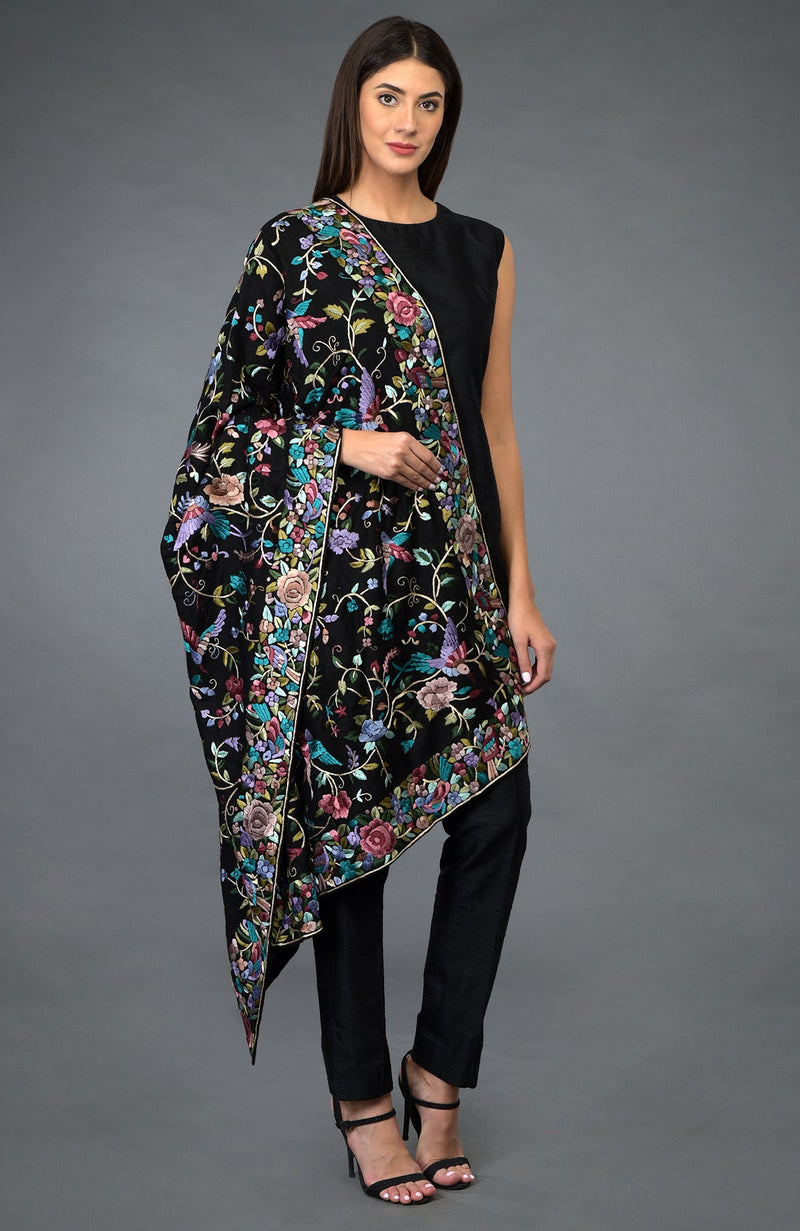 Black Parsi Gara Pure Pashmina Shawl