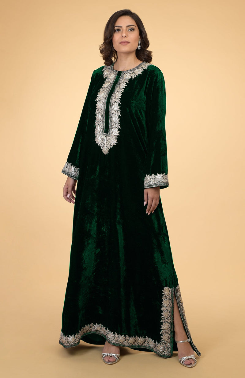 Emerald Green- Silver Kashmir Embroidered Kaftan