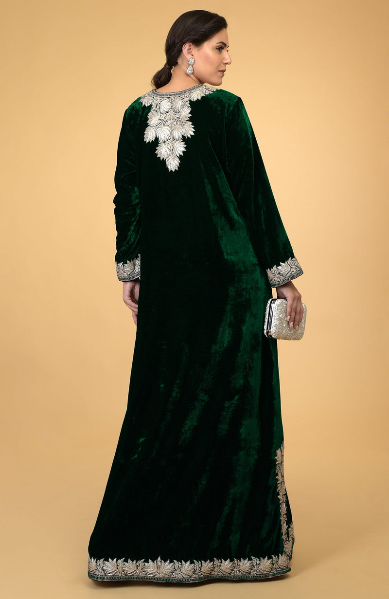 Emerald Green- Silver Kashmir Embroidered Kaftan