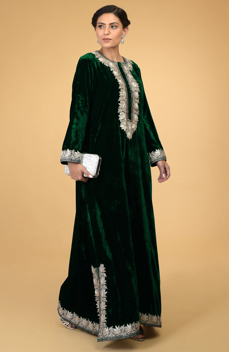 Emerald Green- Silver Kashmir Embroidered Kaftan