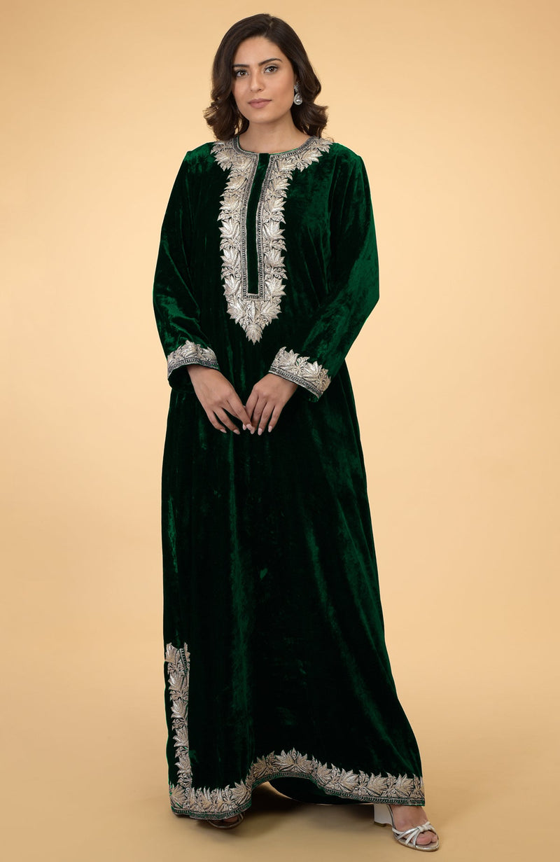 Emerald Green- Silver Kashmir Embroidered Kaftan