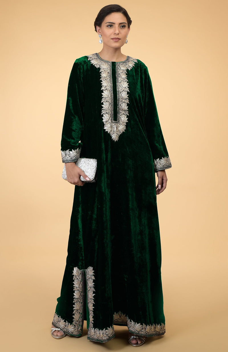 Emerald Green- Silver Kashmir Embroidered Kaftan