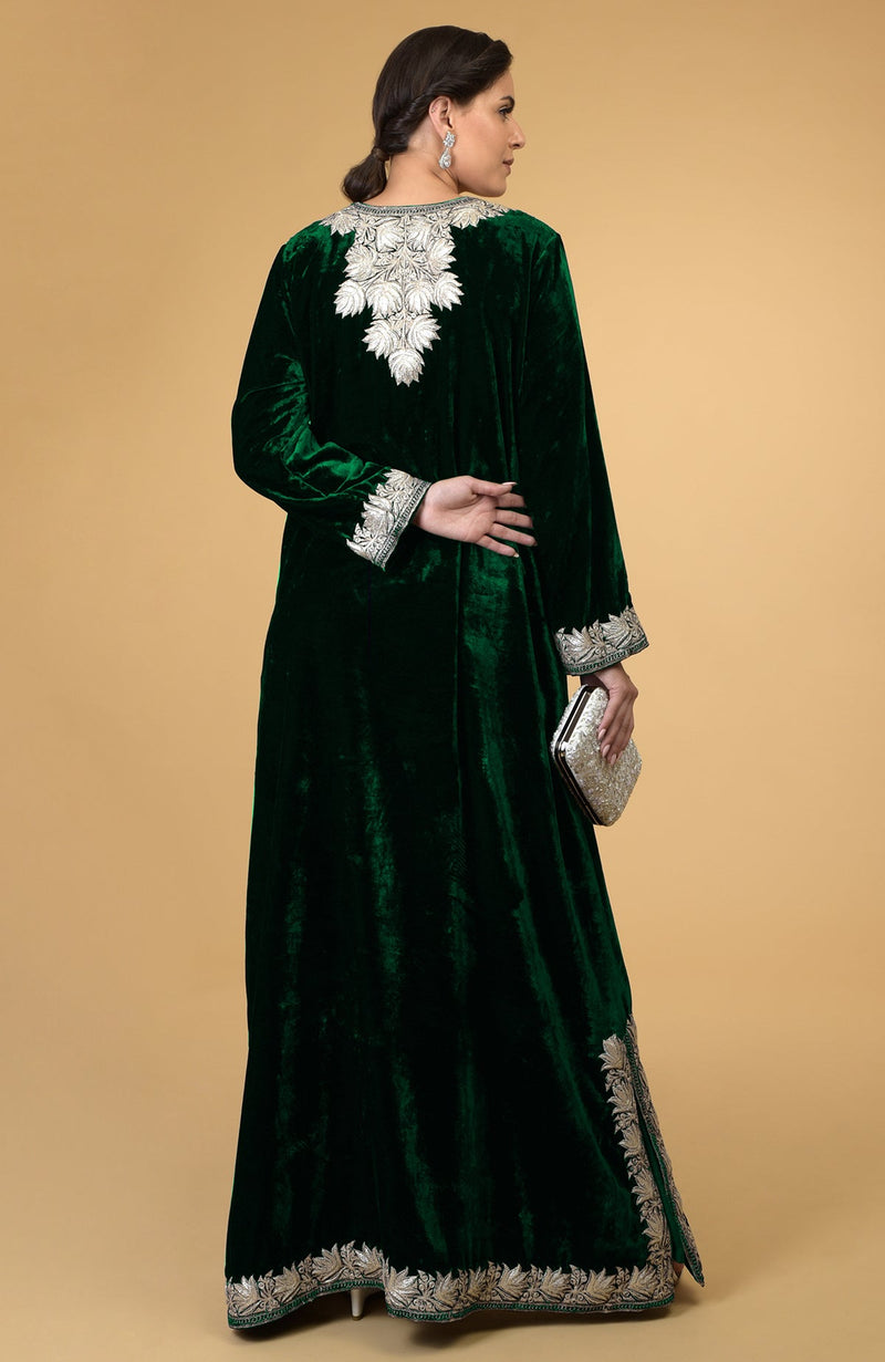 Emerald Green- Silver Kashmir Embroidered Kaftan