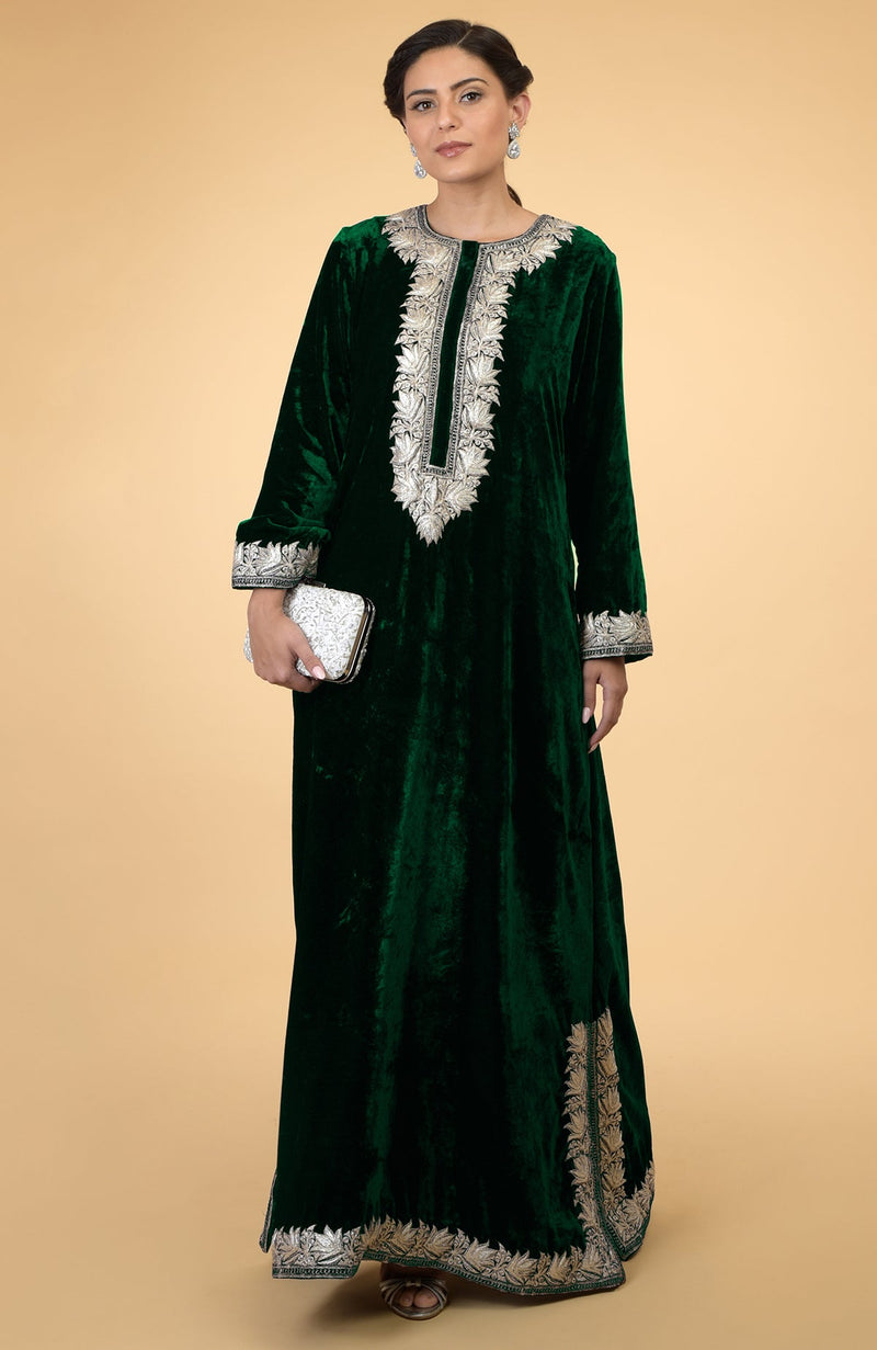 Emerald Green- Silver Kashmir Embroidered Kaftan