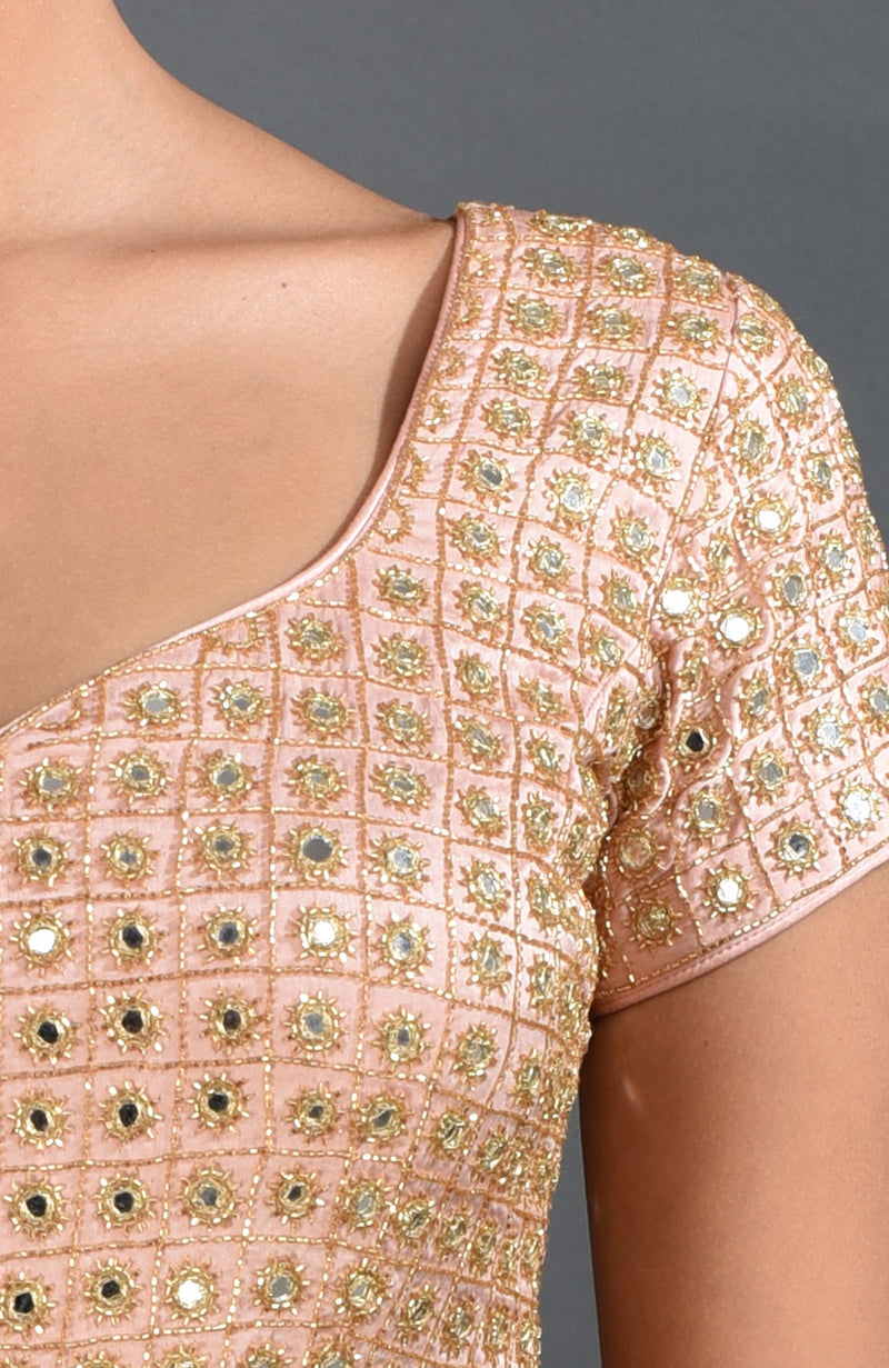 Pearl Pink Mirror Work and Zardozi Hand Embroidered Saree