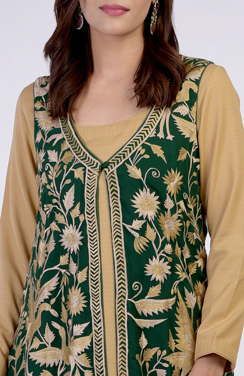 Emerald Green Parsi Gara Embroidered Overlay Suit