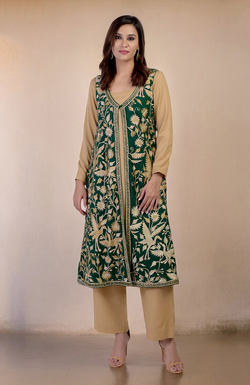 Emerald Green Parsi Gara Embroidered Overlay Suit