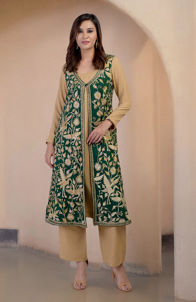 Emerald Green Parsi Gara Embroidered Overlay Suit