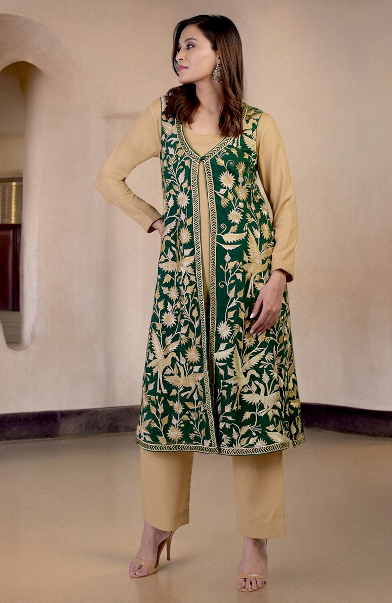 Emerald Green Parsi Gara Embroidered Overlay Suit