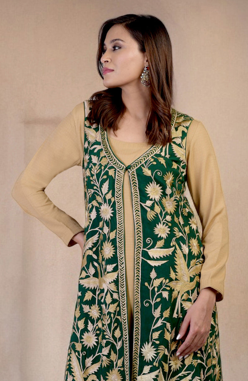 Emerald Green Parsi Gara Embroidered Overlay Suit