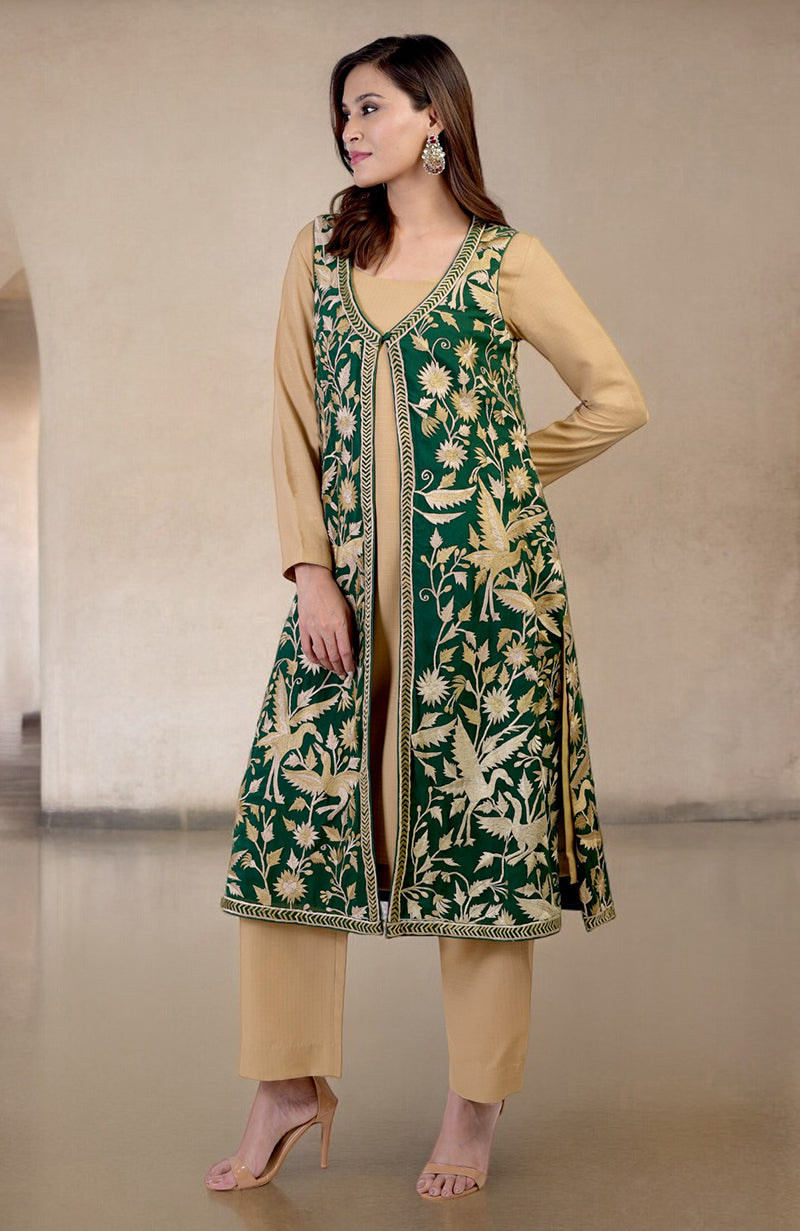 Emerald Green Parsi Gara Embroidered Overlay Suit