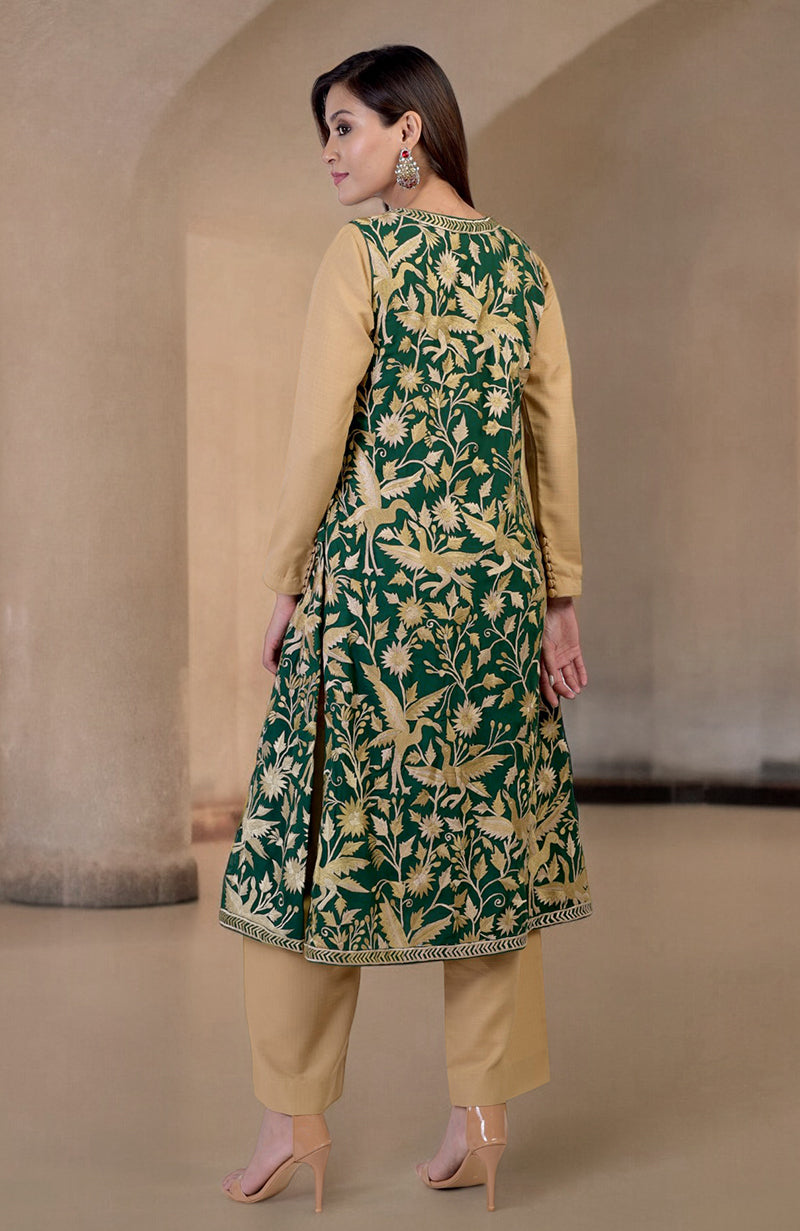 Emerald Green Parsi Gara Embroidered Overlay Suit