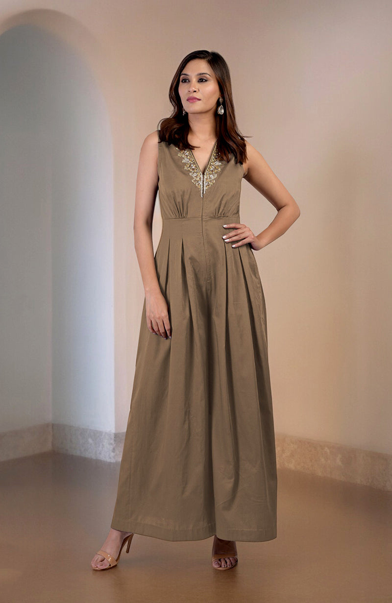 Red Plum Gold Tilla Hand Embroidered Jumpsuit