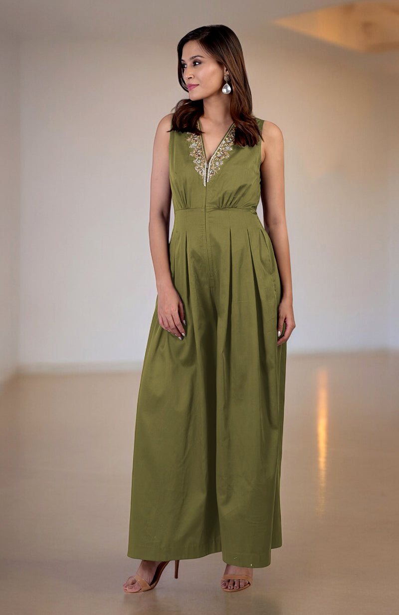 Red Plum Gold Tilla Hand Embroidered Jumpsuit